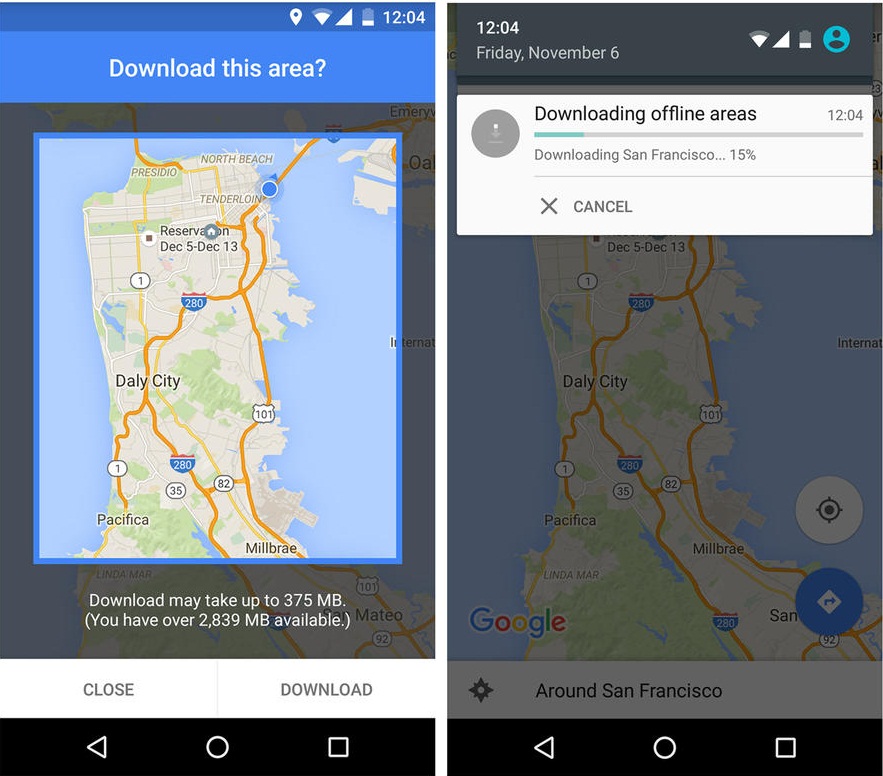This screenshot from the smartphone provided by Google shows a map of the Bay area of San Francisco during a demonstration of the new navigation option offline Google Maps. With an update for Android phones Tuesday, November 10, 2015, users will be able to search nearby businesses and get driving directions, including voice turn-by-turn, even if the Internet connection is uneven or nonexistent. Google said a version for iPhone is coming soon.