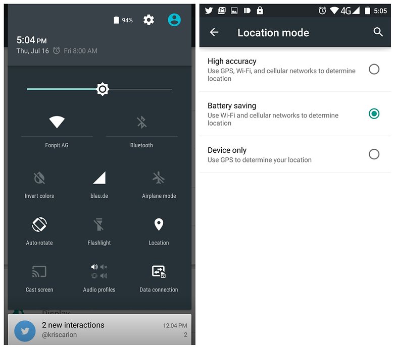 Make use of the Airplane Mode switch and data in Quick Settings (left) and use the save mode of the battery for localization.