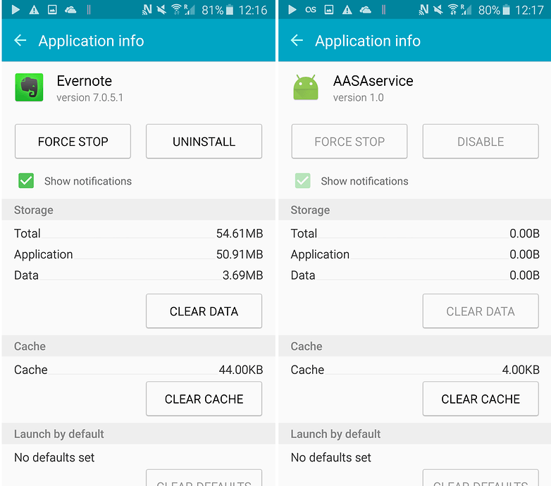 Less critical applications (left) can be uninstalled. Crucial System Services (right) can not - AndroidFit.Com