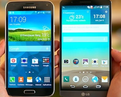Super AMOLED screen of the Samsung Galaxy S5 (left) and qHD IPS + LCD LG G3.
