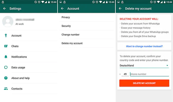 how to delete whatsapp account android