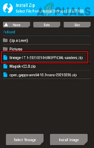 18. Select the Lineage ZIP in the TWRP Recovery.png
