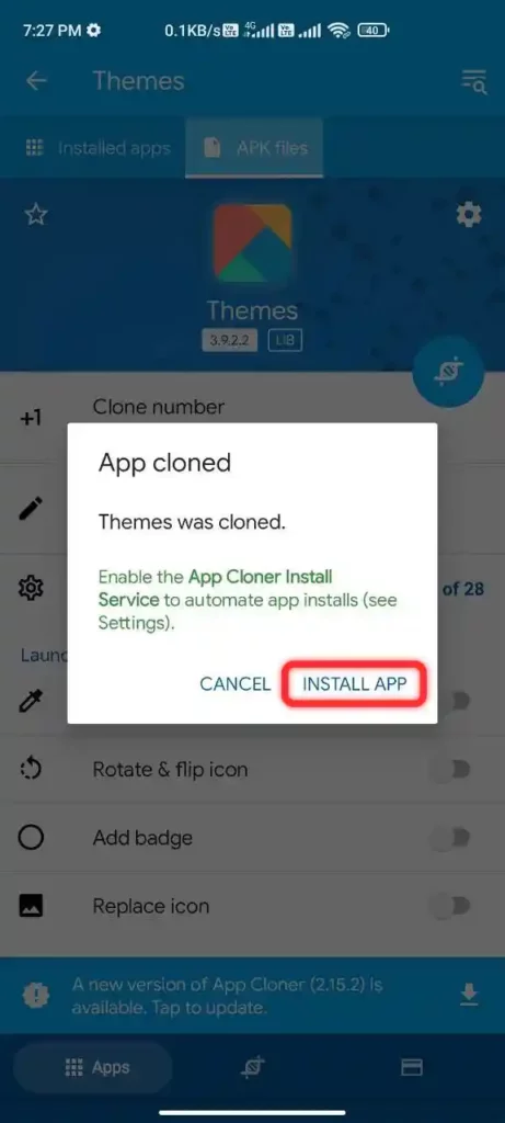 Tap on Install App button after themes app was cloned
