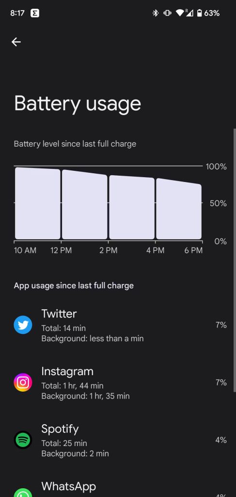 battery usage screen on pixel 7 1