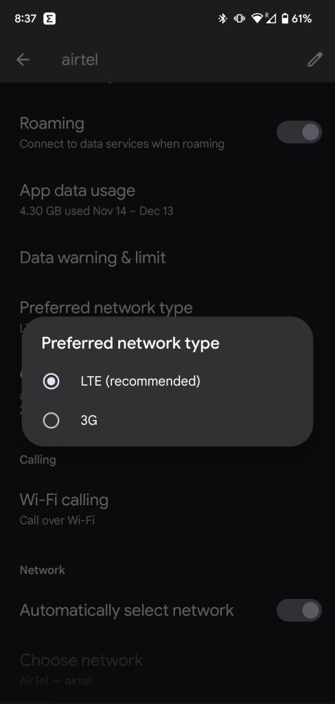 preferred network setting page on pixel 7 1