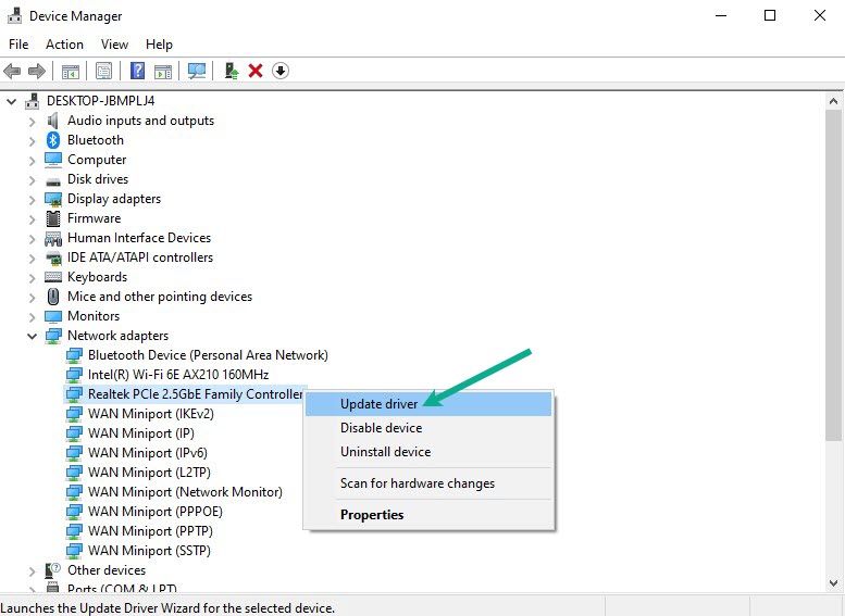 Choose Network Adapter. Right click the adapter and select Update Driver