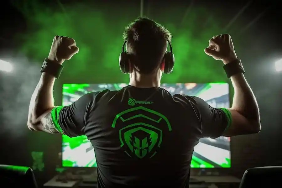 Professional eSports gamer back side view rejoices in the victory generative ai