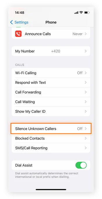 Scroll and tap Silence Unknown Callers
