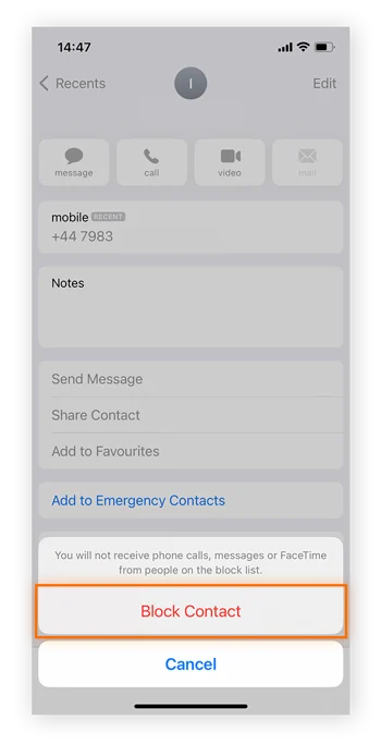 Tap Block Contact to confirm
