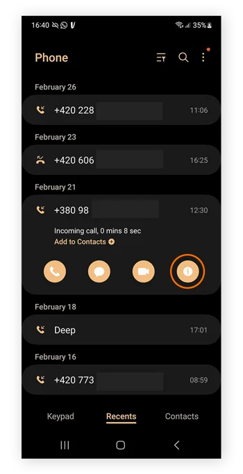Tap the number you want to block and select Info