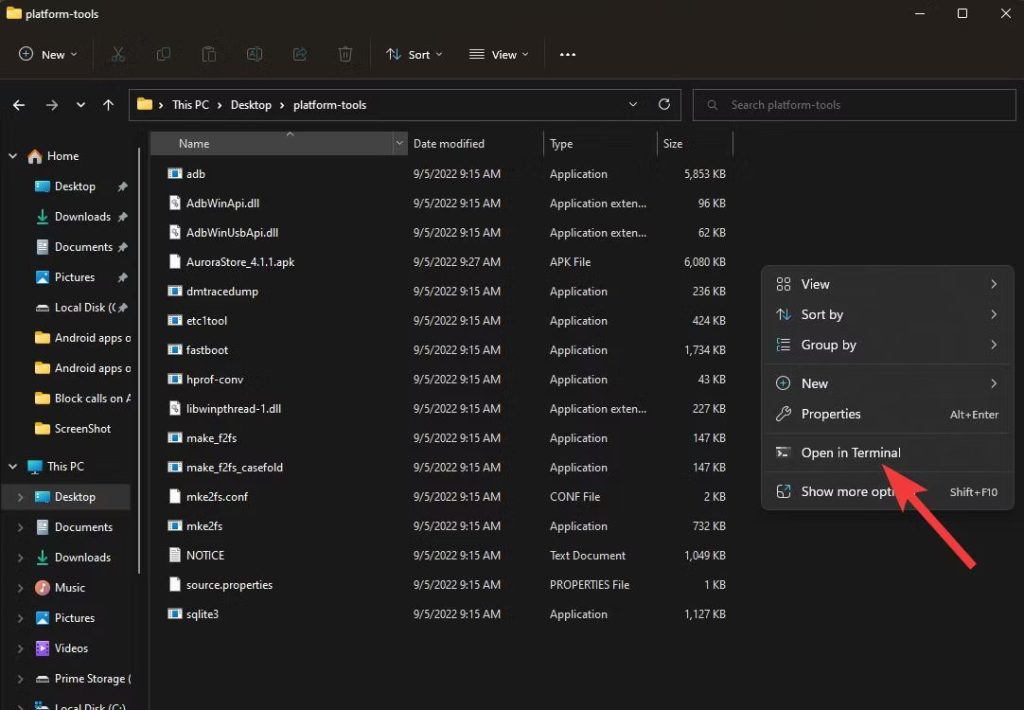 platform tools open in terminal