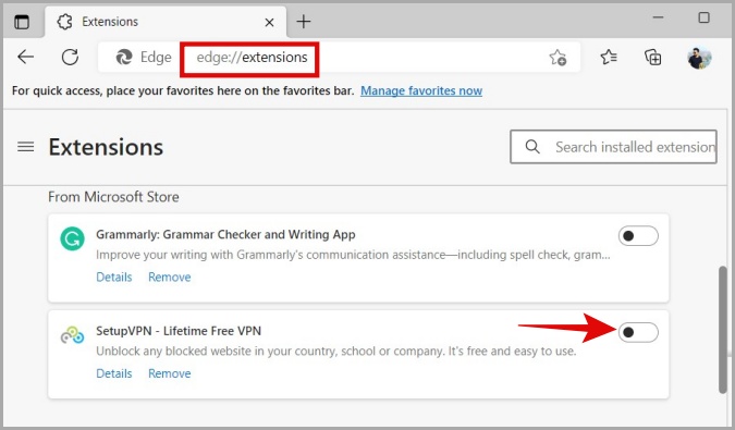 Disable Extensions in Edge