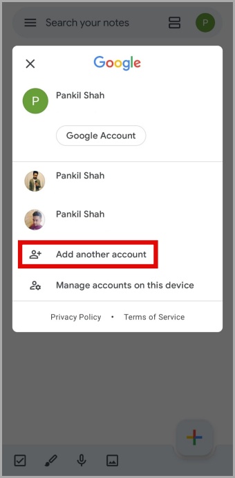 Google Keep Accounts Menu on Android Phone Copy