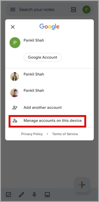 Google Keep Accounts Menu on Android Phone