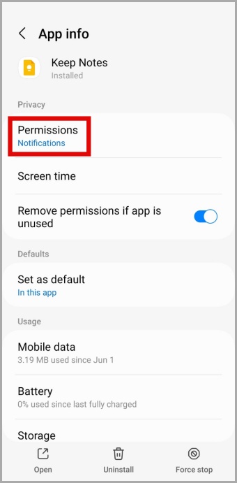 Google Keep App Permissions on Android Phone