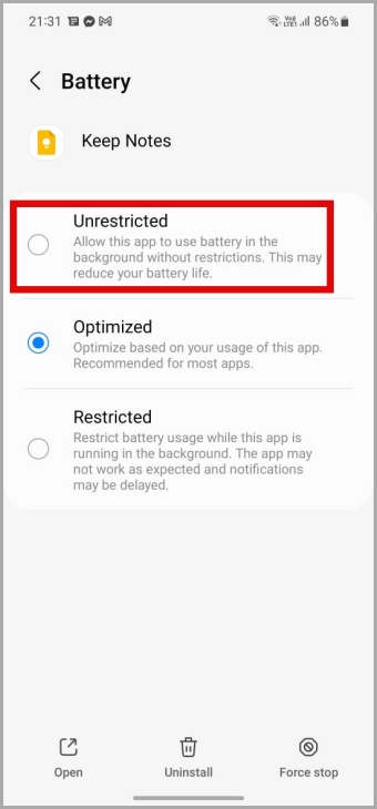 Unrestricted Battery Usage to Google Keep on Android