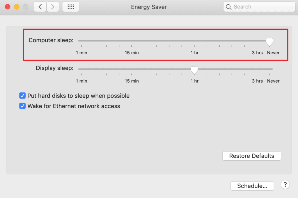 Drag the Computer sleep timer to Never