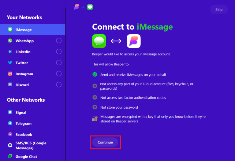 In the Connect to iMessage window click on Continue
