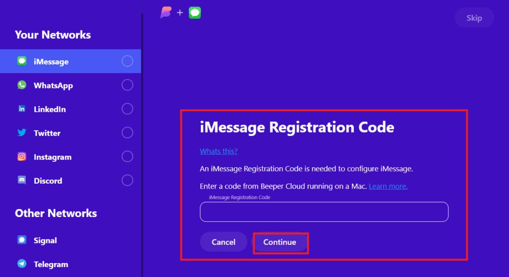 Youll see a text field asking you to enter the iMessage Registration Code. Enter it and click on Continue
