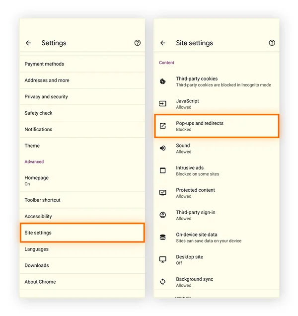 Navigate to Site Settings then Pop ups and redirects