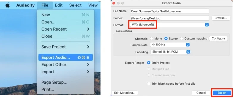 convert wav audacit