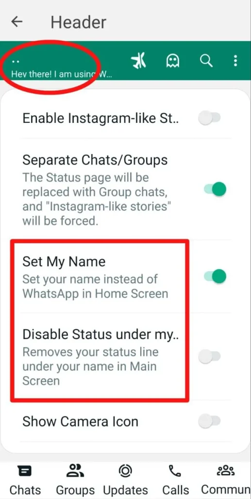Set my name & Disable Status under my name